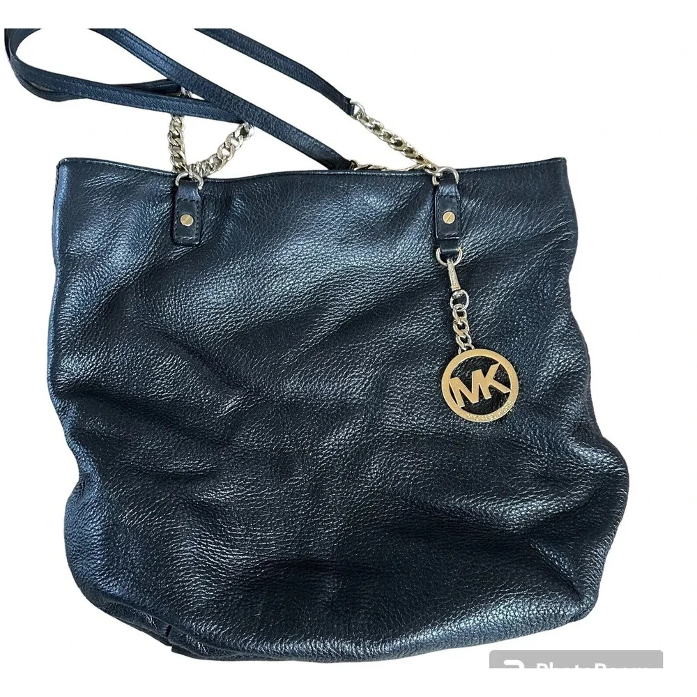 Michael Kors Black Leather Gold Hardware Chain Shoulder Handbag Tote‎